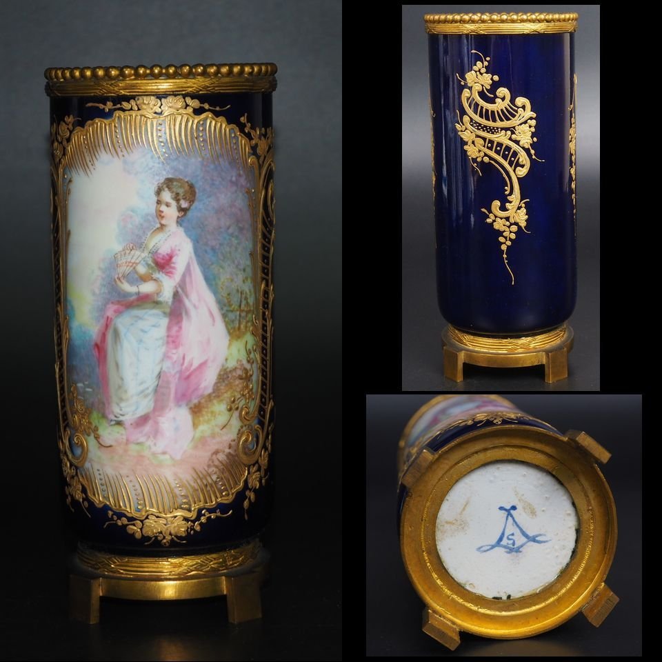 お気に入り 【金富士】18世紀1771年製　総手描き細密画 セーブル花瓶　古玩骨董西洋アンティーク セーブル