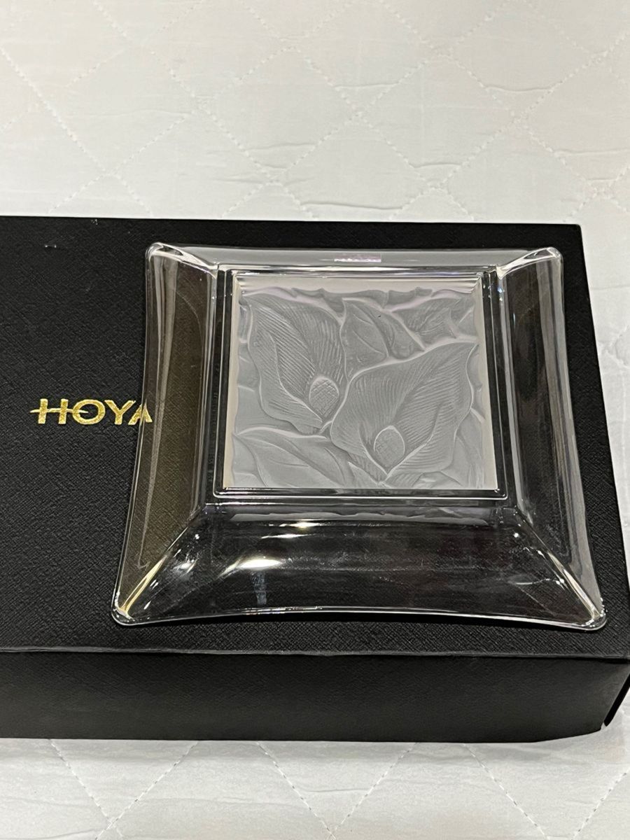 入手困難 未使用 HOYA クリスタル 小皿 5枚セット ◆水芭蕉 スクエア プレート 小鉢 カッティング ガラス ボタニカル