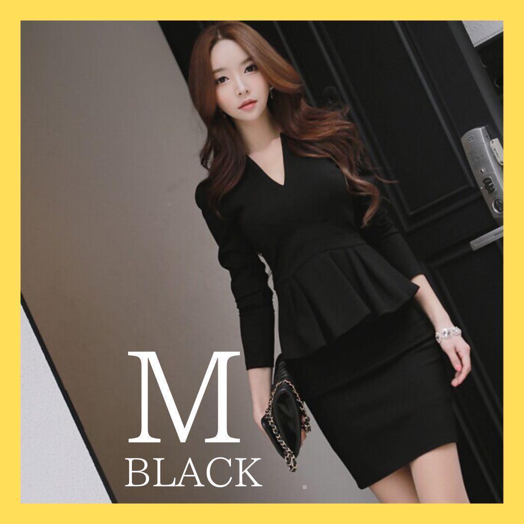 【M】Vネック スーツ風 ワンピース キャバドレス ブラック ペプラムミニドレス