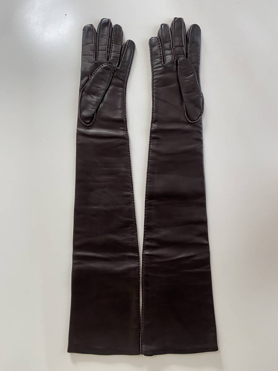 [ beautiful goods ] Hermes lady's leather long glove Brown leather gloves size 7 silk lining HERMES