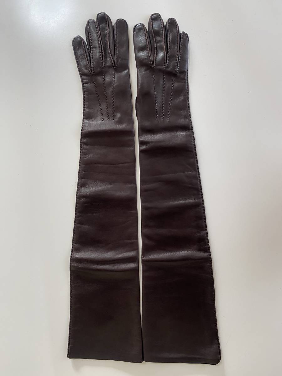 [ beautiful goods ] Hermes lady's leather long glove Brown leather gloves size 7 silk lining HERMES