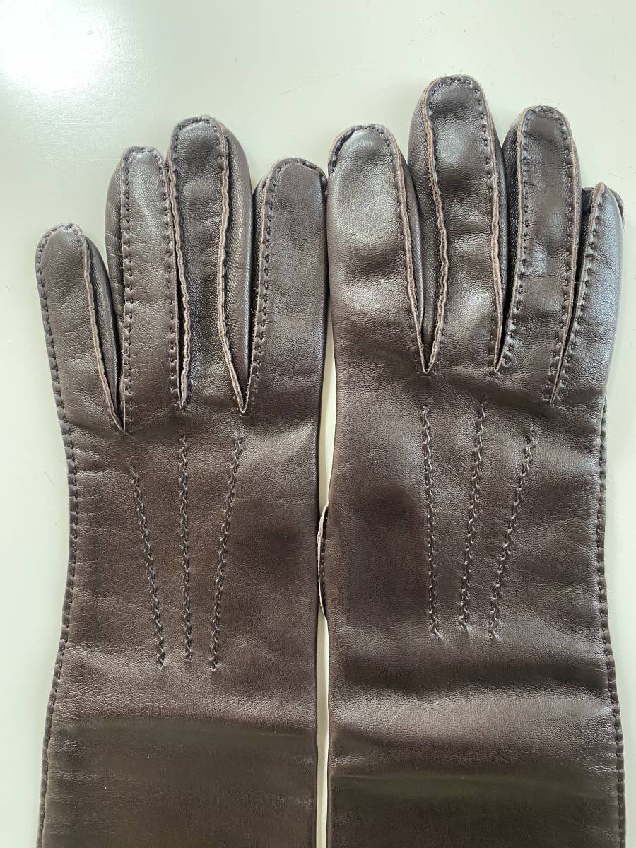 [ beautiful goods ] Hermes lady's leather long glove Brown leather gloves size 7 silk lining HERMES