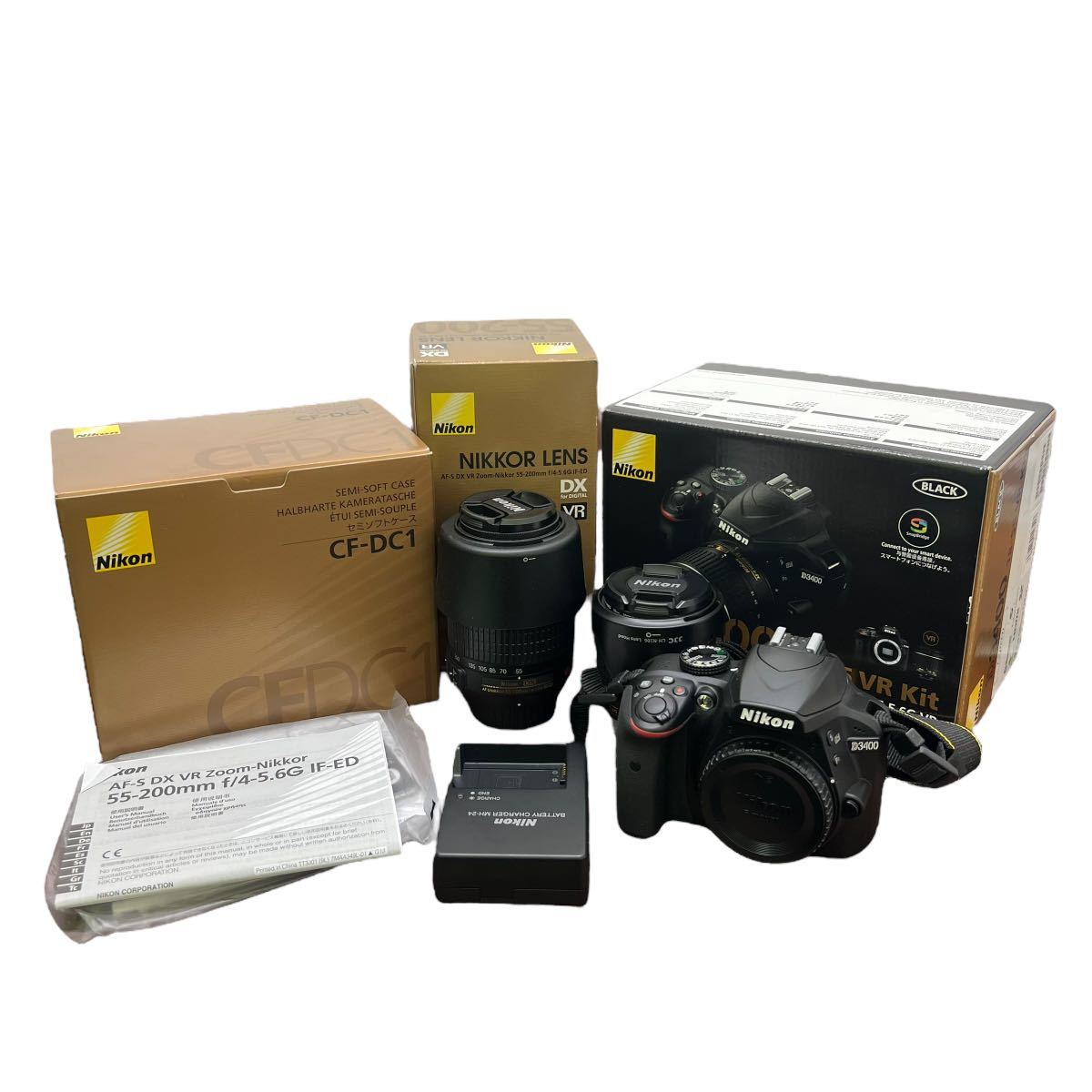 新品級 Nikon デジタル一眼レフカメラ D3400 レンズ NIKKOR 18-55mm 1:3.5-5.6G / NIKKOR 55-200mm 1:4.5-5.6G IF-ED ケース社外バッテリー_画像1