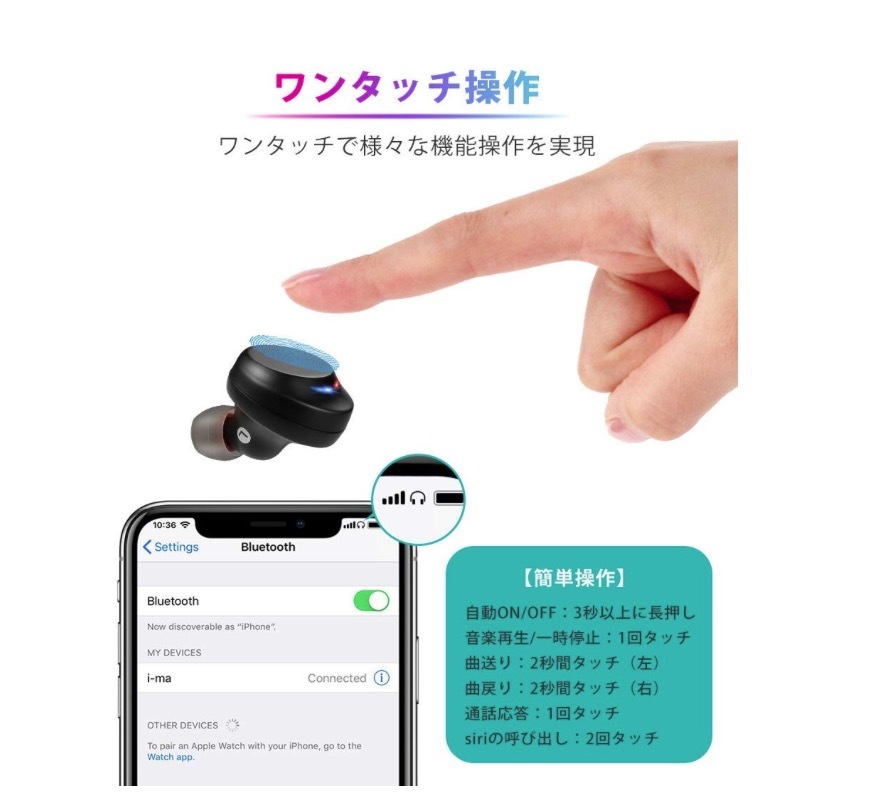  原文:ワイヤレスイヤホン おすすめ iPhone/ipad/Android 左右分離型 技適認証済 自動ペアリング Hi-Fi高音質 軽量 Siri対応 ★新品、未使用★