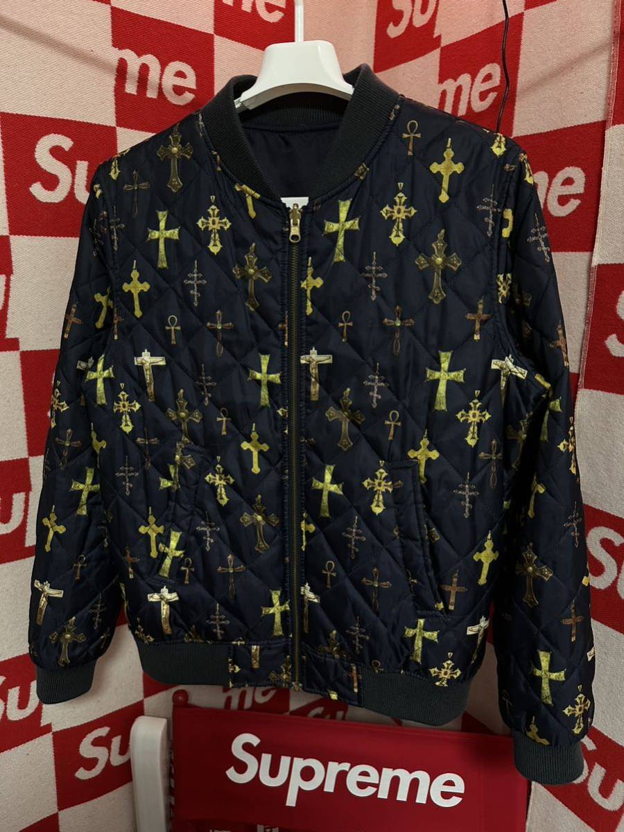 ☆希少☆超激レア☆Supreme 十字架総柄 ダイヤキルティング リバーシブル 2WAY フライトジャケット MA-1 中綿 メンズ 黒_画像3