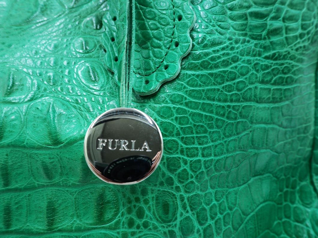 FURLA フルラ レザー 型押し スカラップデザイン トート バッグ 緑 ■■ ☆ dlb4 レディース_画像6