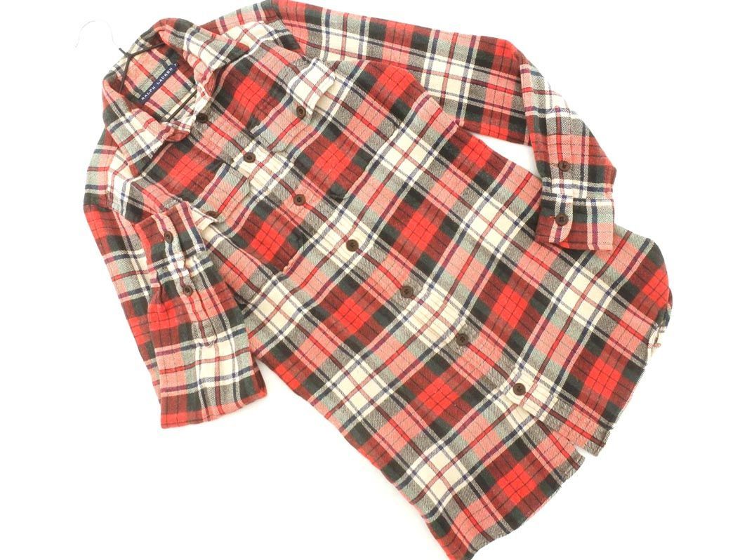 Ralph Lauren Ralph Lauren silk . check long sleeve flannel shirt size7/ red x beige *# * dlb8 lady's 