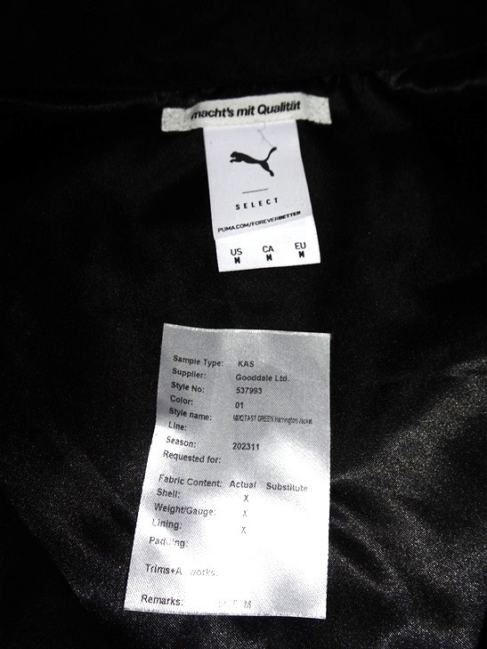 PUMA MMQ Fast Green Harrington Jacket Mサイズ ブラック 新品 未使用 プーマ ブルゾン ジャケット 黒色 537993-01の画像6