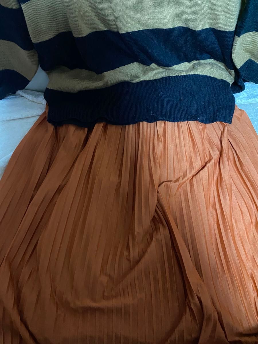 ☆Kastane☆オレンジ☆ロングプリーツスカート☆フリーサイズ☆ ボトムス プリーツスカート ゴム スカート