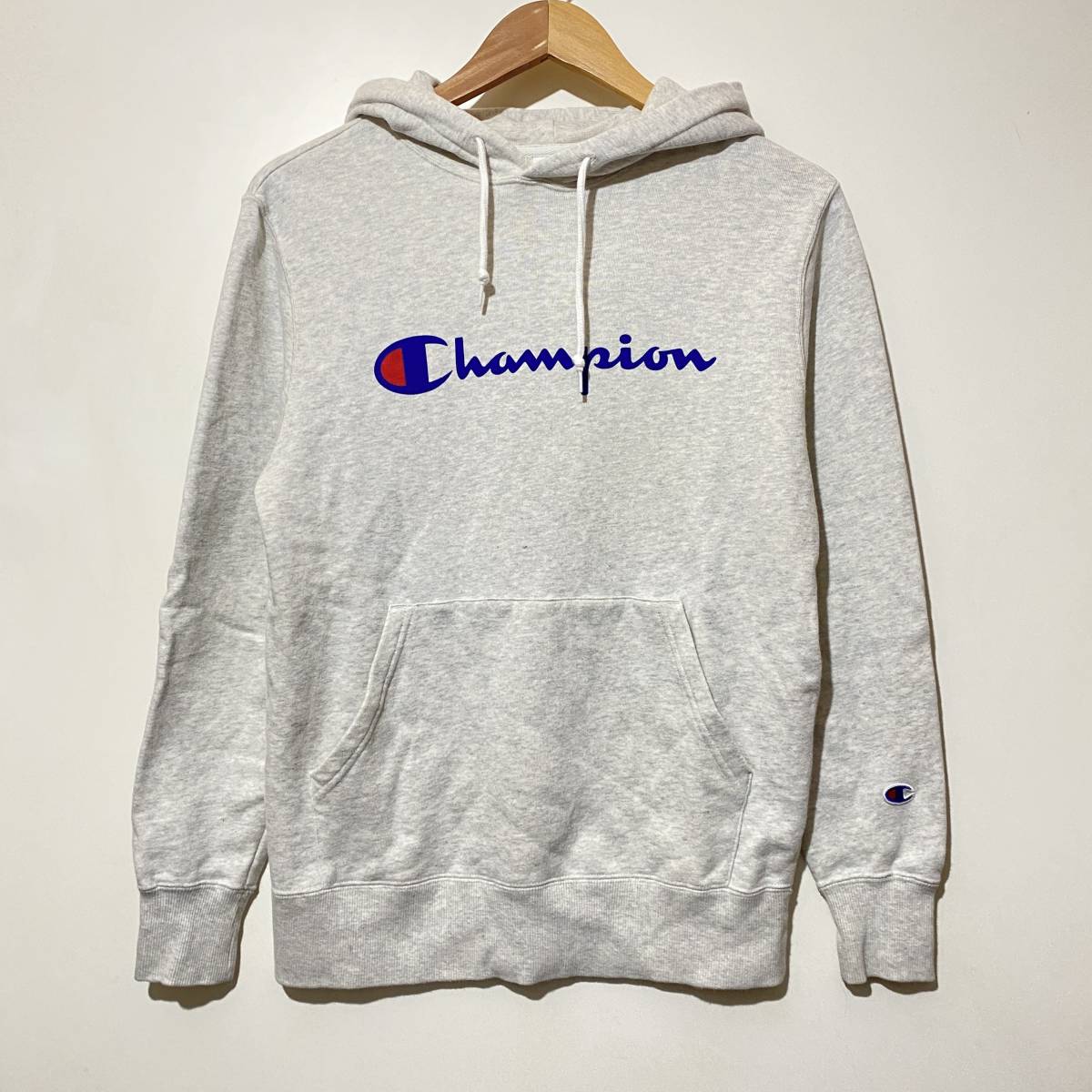 ★ Champion スウェット パーカー プルオーバー フーディー M ロゴプリント オートミール グレー系 ユニセックス_画像1