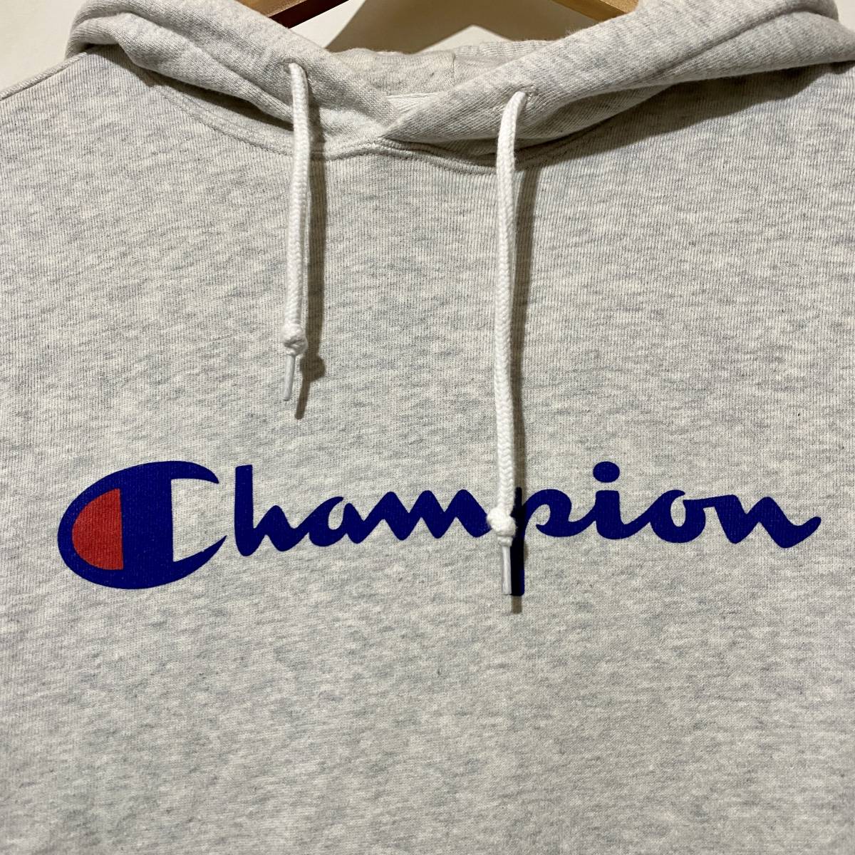 ★ Champion スウェット パーカー プルオーバー フーディー M ロゴプリント オートミール グレー系 ユニセックス_画像4