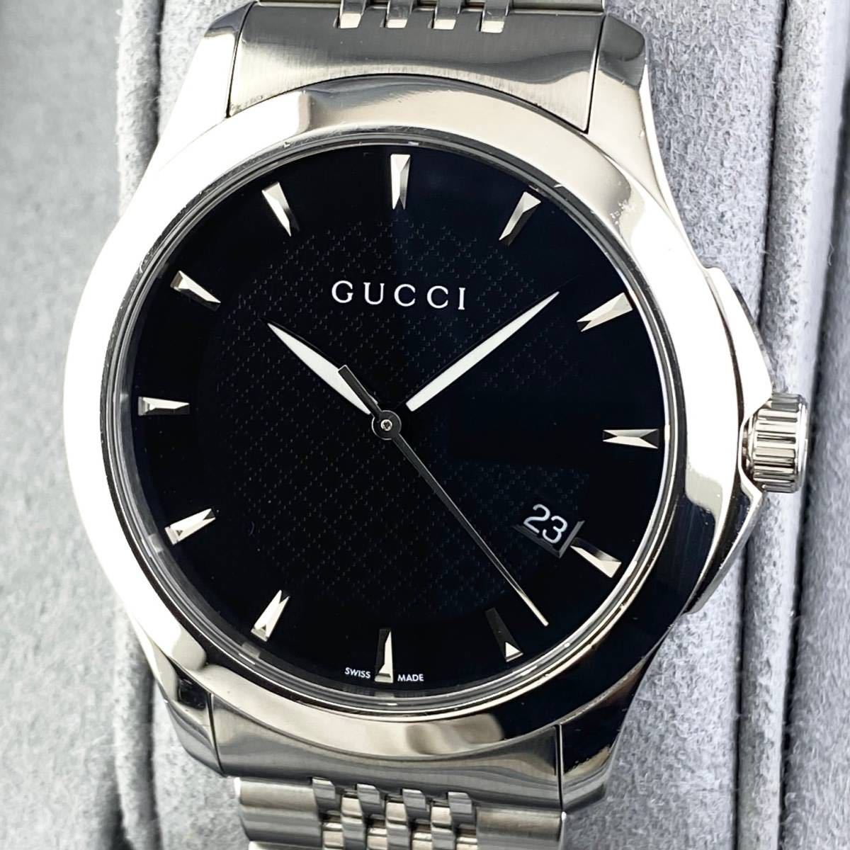 【1円〜】GUCCI グッチ 腕時計 メンズ 126.4 G-TIMELESS Gタイムレス ブラック文字盤 GG ラウンドフェイス デイト 可動品_画像1