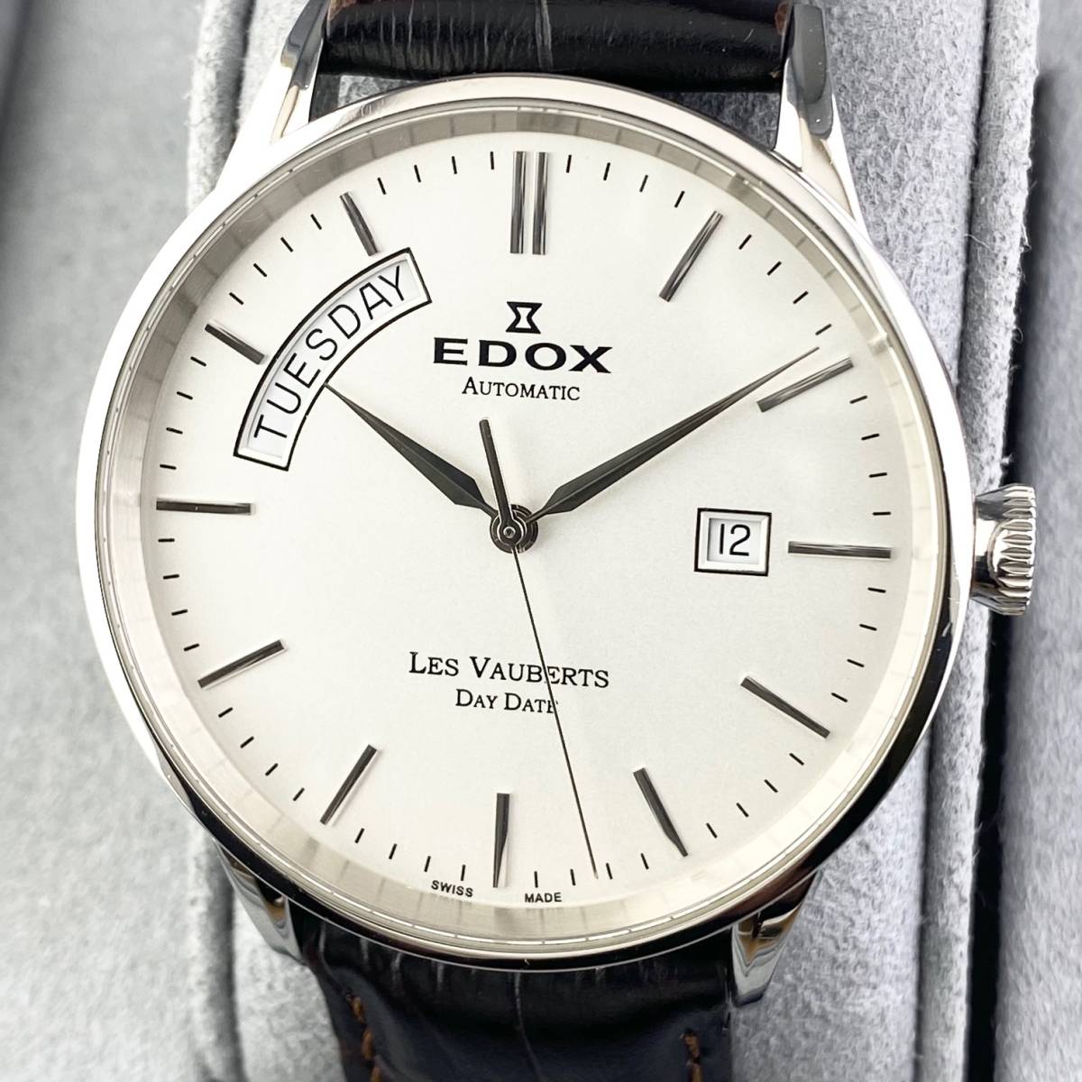 【1円〜】EDOX エドックス 腕時計 メンズ AT 自動巻 レ・ヴォベール ホワイト文字盤 ラウンドフェイス 裏スケ デイデイト 可動品_画像1