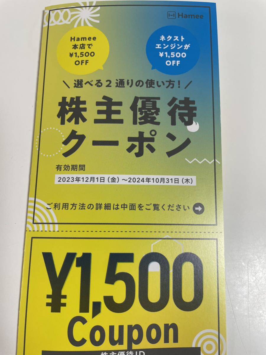 【通知のみ】Hamee 株主優待 1500円 1枚 ハミー クーポン_画像1