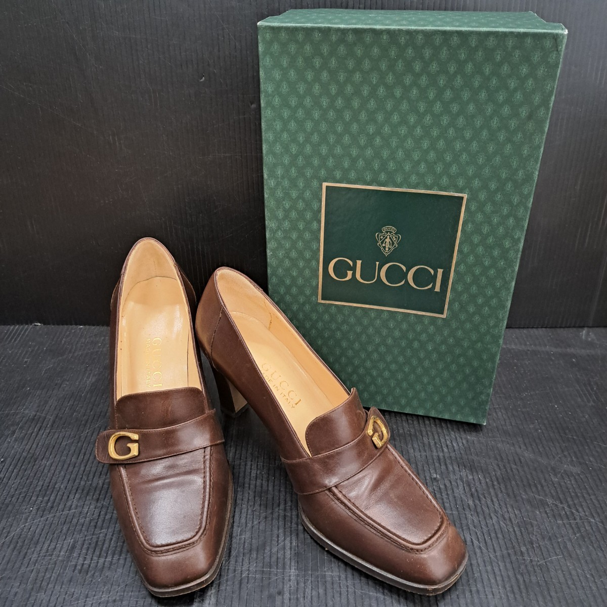 瑞(me1212-3) GUCCI グッチ ヒールパンプス 37 1/2 24.5㎝ 靴 パンプス シューズ ヒール 靴 レディース ブラウン シンプル 中古_画像1