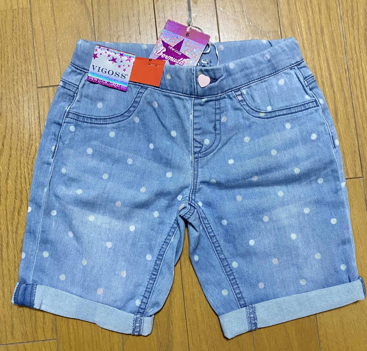 新品 140 ★ コストコ VIGOSS ガールズ ハーフパンツ ストレッチ デニム ショート パンツ キッズ 女の子 短パン ドット 水玉 半ズボン_画像1