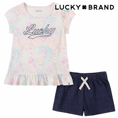 新品 130 ★ コストコ ラッキーブランド 上下 セット 半袖 Tシャツ ショートパンツ 7 パープル デニム セットアップ LUCKY BRAND アメカジ_画像1