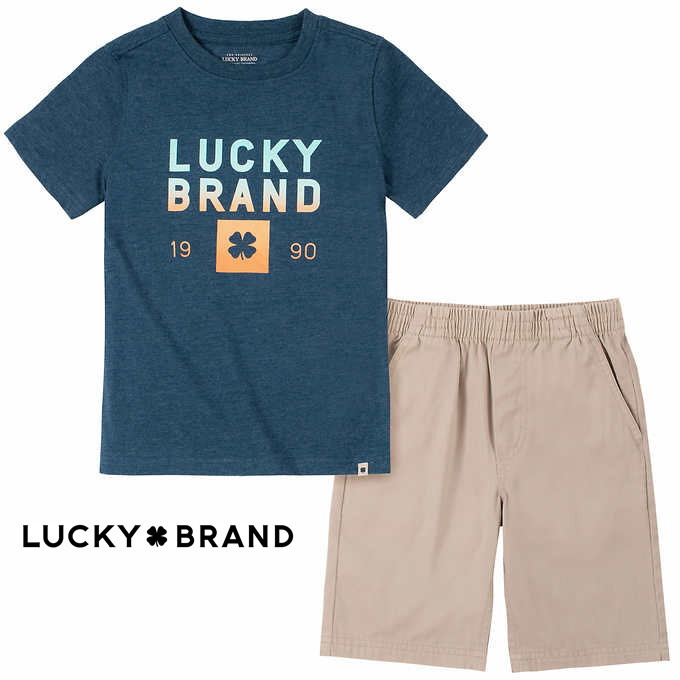 新品 110 ★ コストコ ラッキーブランド 上下 セット 半袖 Tシャツ ハーフパンツ 4T ネイビー カーキ セットアップ LUCKY BRAND アメカジ_画像1