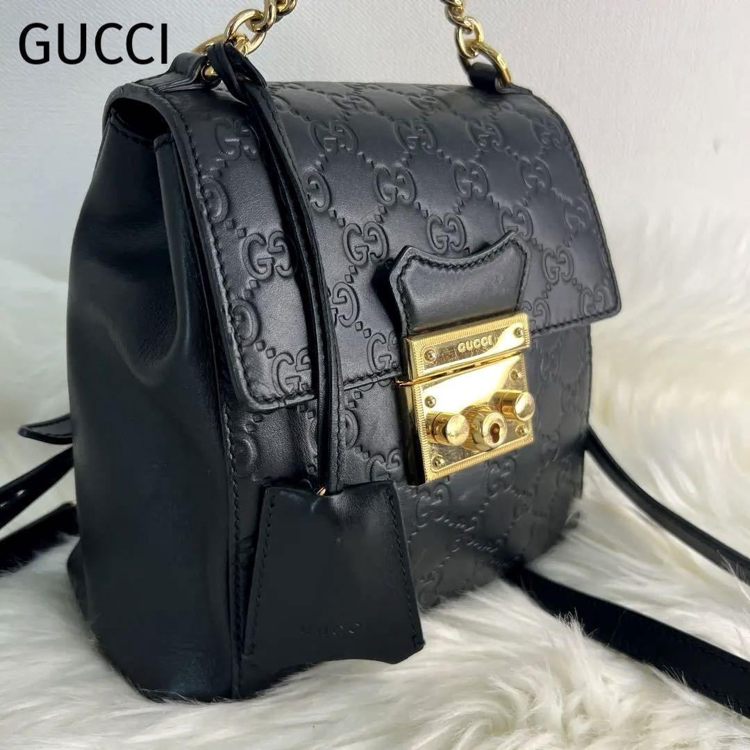 【幻級希少品】GUCCI　グッチ　シマ　マイクロシマ　GG柄　ミニリュック　バックパック　ブラック　黒　チェーン　パドロック　498194_画像1