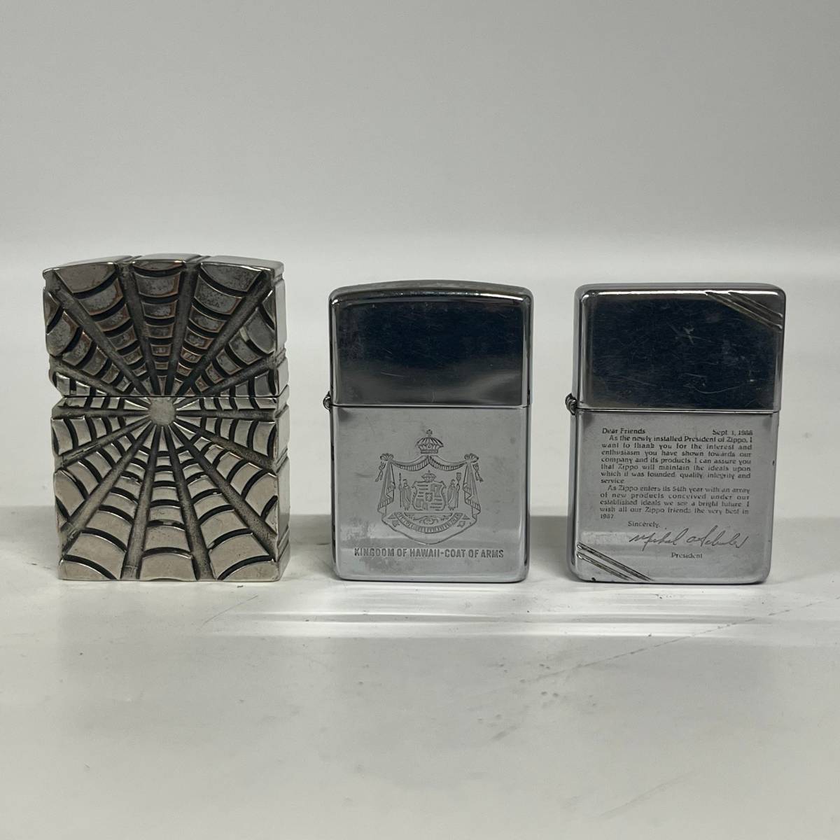 1円~【セット売り】ジッポ ZIPPO オイルライター 3点 蜘蛛の巣 06年製 キングダム ハワイ 92年製 88年製 火花確認あり 喫煙具 G101371_画像1