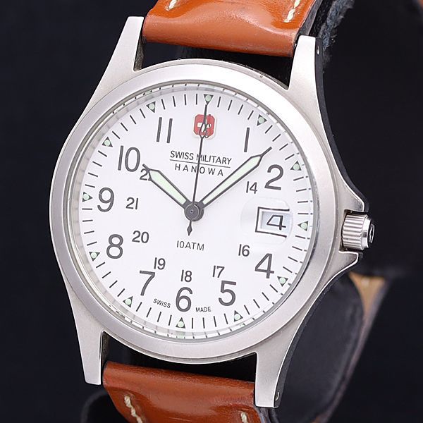1円 稼動 良品 スイスミリタリー QZ デイト HANOWA 白文字盤 NMR メンズ腕時計 MTM 3505000_画像1