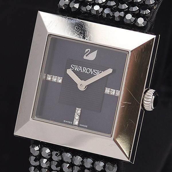 1円 稼働 良品 スワロフスキー QZ エリス 黒文字盤 石付 スクエア メンズ腕時計 ERT 0583000NKG_画像1