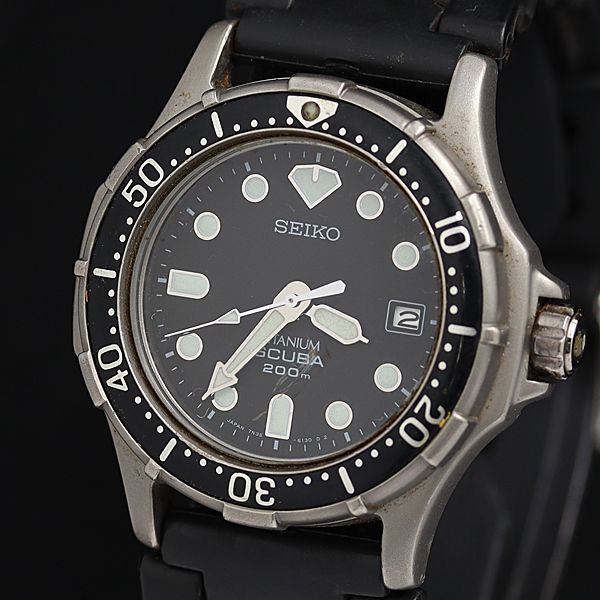 1円 セイコー スキューバ 200ｍ 7M35-6110 QZ チタン 黒文字盤 デイト メンズ腕時計 OGH 0033000_画像1