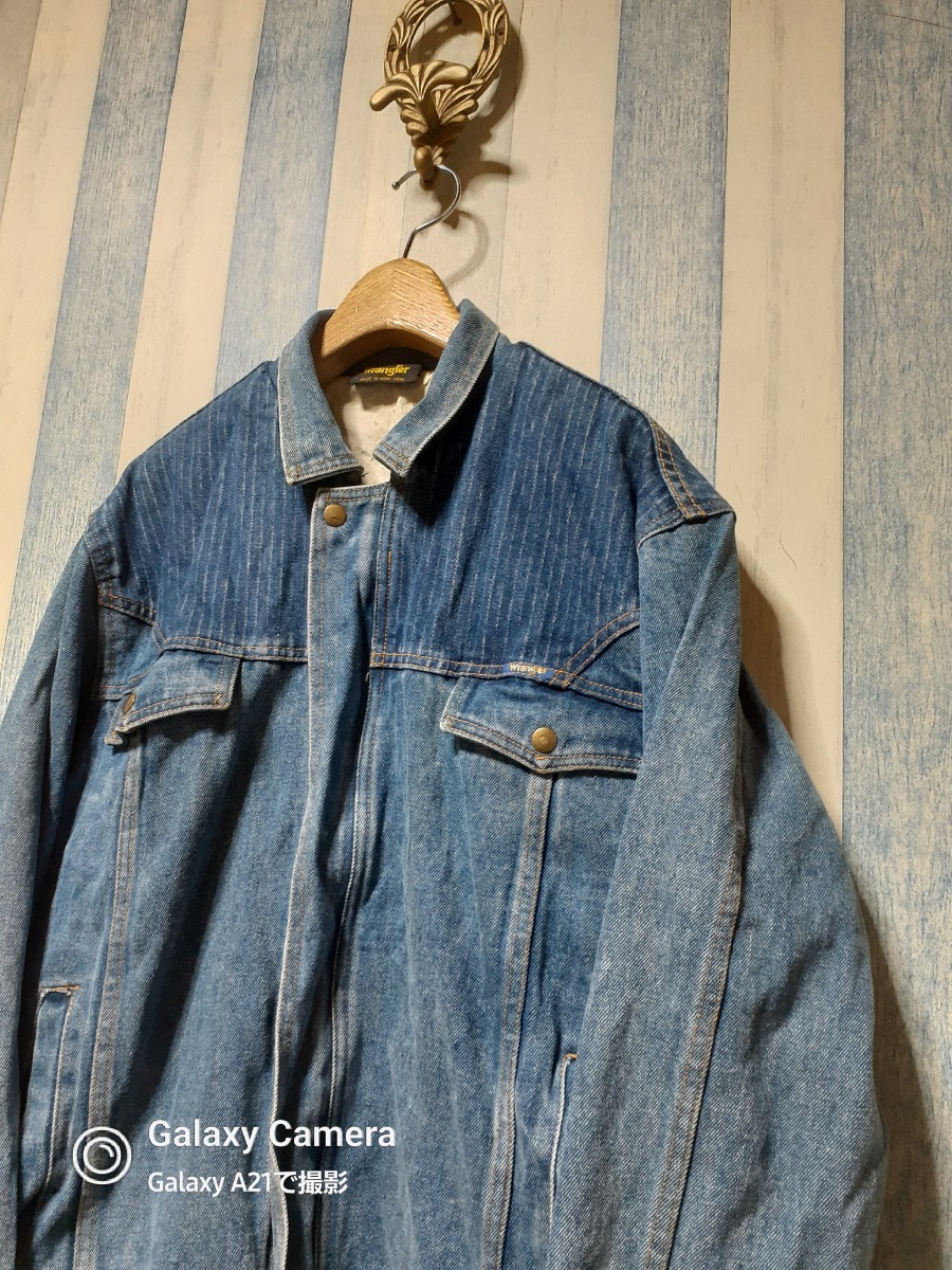 希少-80s/ビンテージ Wrangler ラングラー/裏地付き/ インディゴ/デニム/ ジージャン/used/L位/ トラッカー_画像3