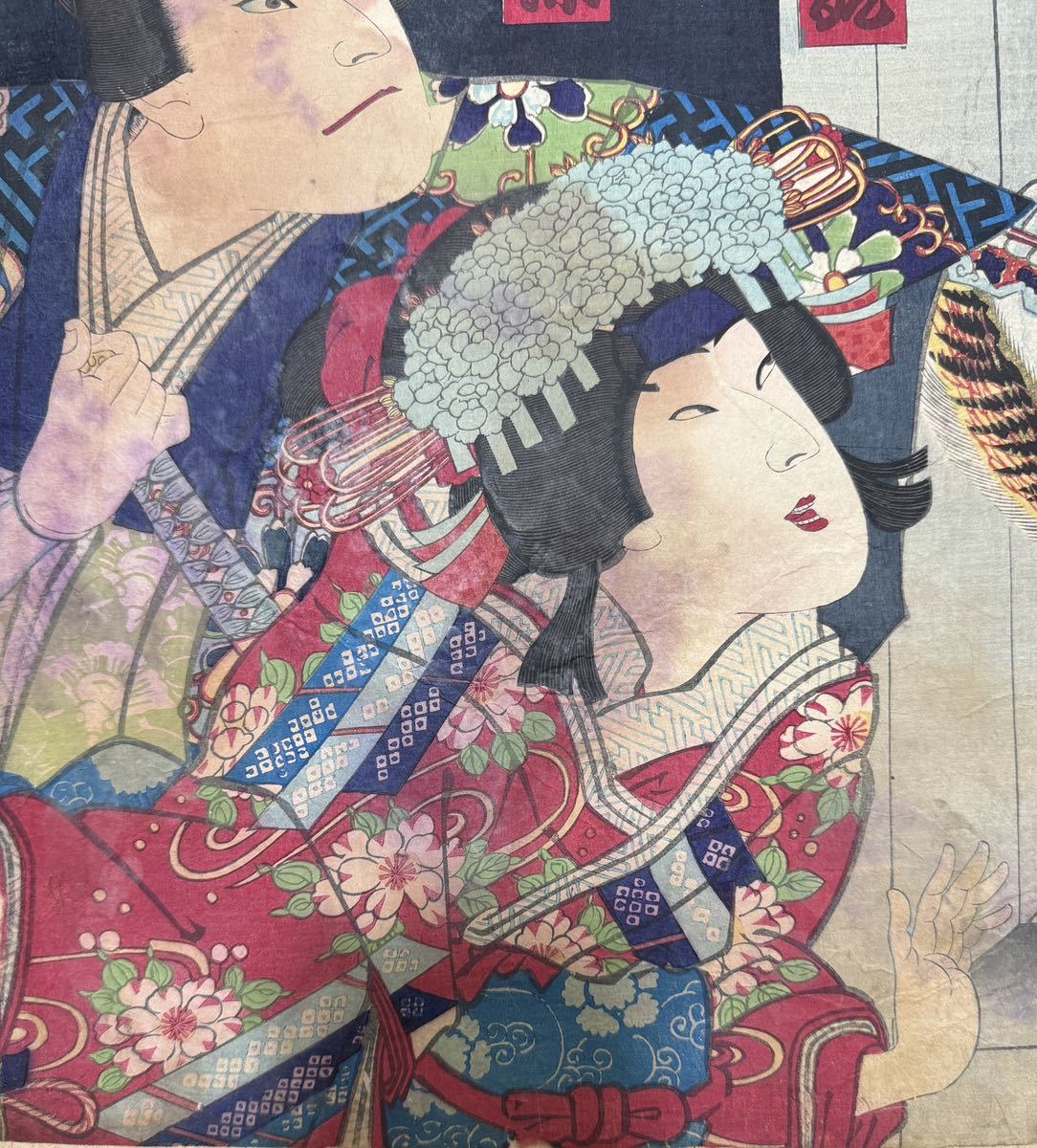  Edo период / подлинный произведение .. страна . подлинный товар картина в жанре укиё гравюра на дереве сцена из кабуки изображение актеров газонная трава .... большой размер три листов .. обратная сторона удар .23