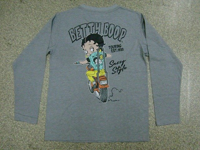 新品 ベティーブープ/Betty Boop長袖Ｔシャツ灰M メンズ レディース アメカジ バイカー ベティーちゃんロゴT 激カワロンT メール便送料無料_画像1