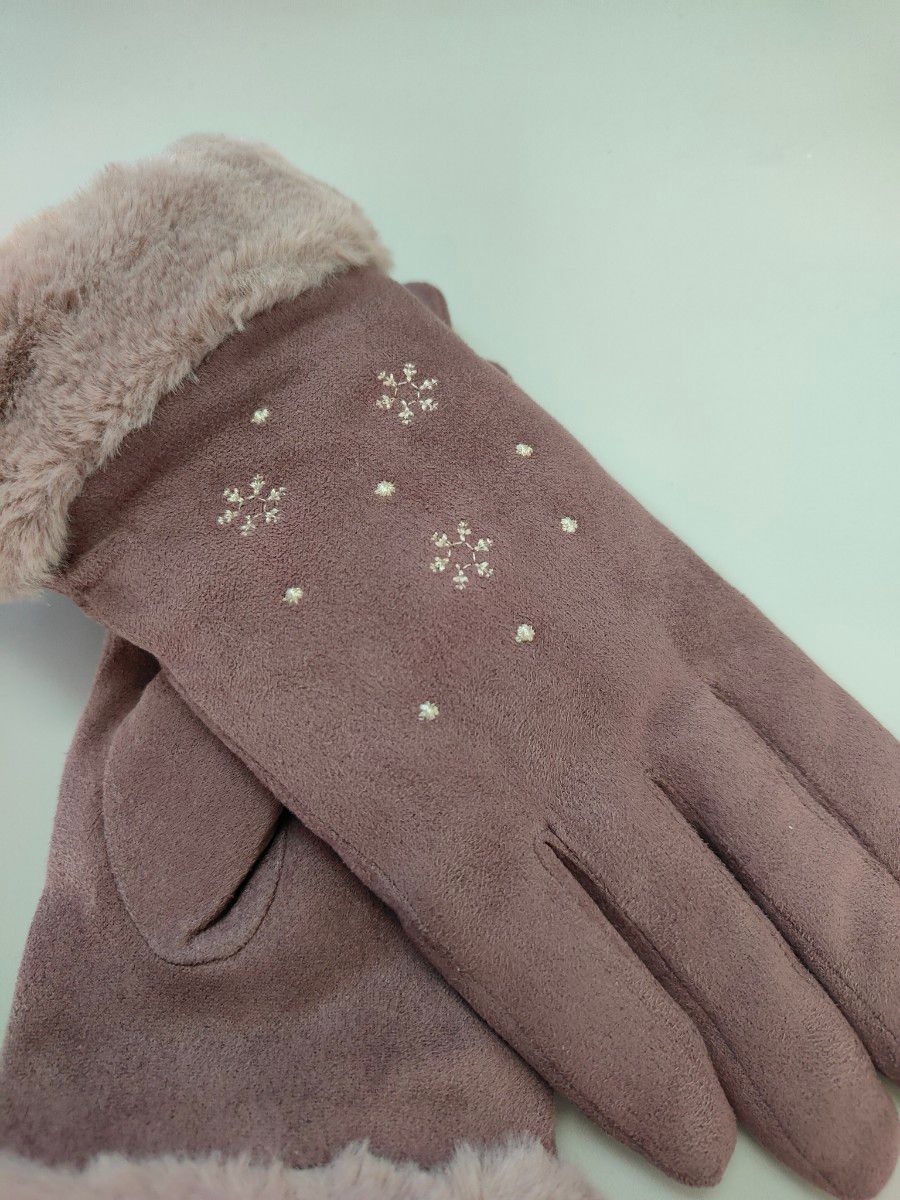 雪柄刺繍手袋 　ピンクパープル