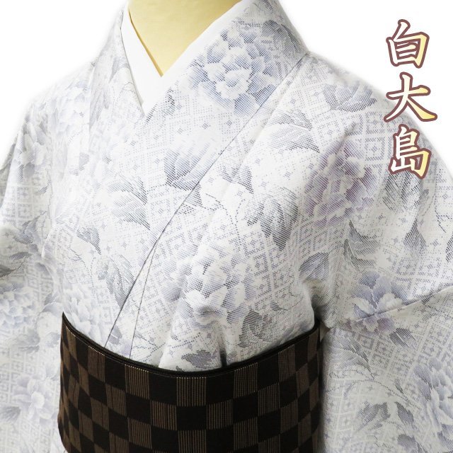 特選 大島紬 白大島 着物 中古 正絹 袷 カジュアル 花模様 牡丹 特選 大島紬 白大島 着物 中古 正絹 袷 カジュアル 花模様 牡丹
