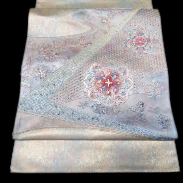 ★きもの北條★ 汕頭刺繍　スワトウ　中国刺繍　宝相華　華文　華紋　六通　正絹　袋帯　T626-19_画像1