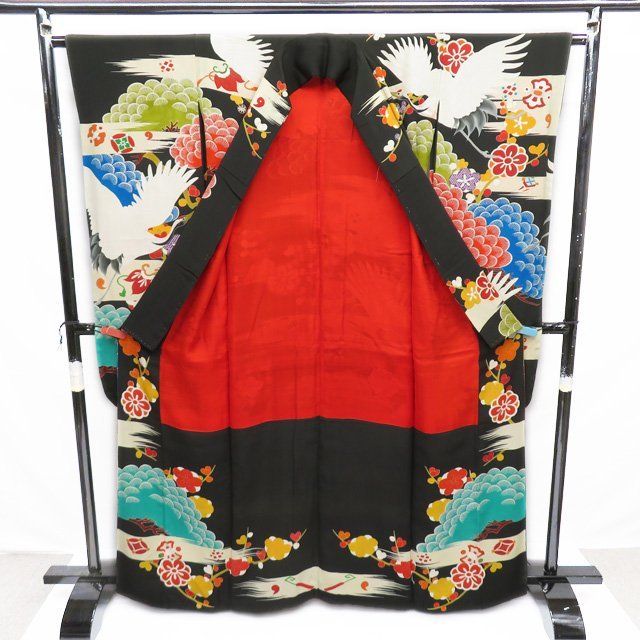 [FINAL PRICE] long-sleeved kimono kimono used recycle gold piece embroidery antique plum pattern pine crane black color many color length 163cm.64.5cm L kimono north .A876-7