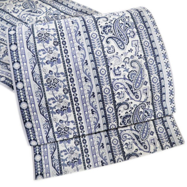 特選 袋帯 未使用 正絹 カジュアル 仕立て上がり 全通 花模様 ペイズリー模様 白鼠色 藍色 きもの北條 A968-13