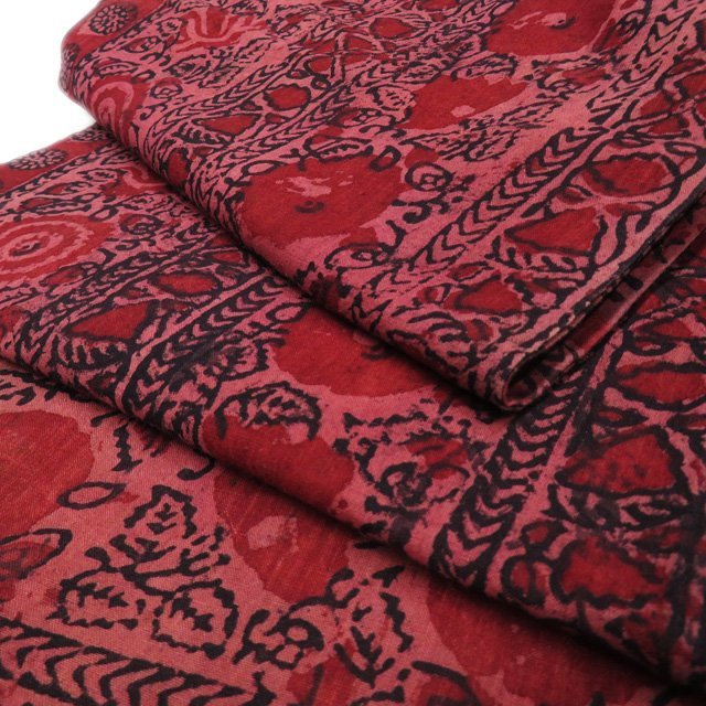 特選 袋帯 中古 リサイクル 木綿 カジュアル 仕立て上がり 全通 インド更紗 花模様 赤系色 黒色 きもの北條 A968-11_画像10
