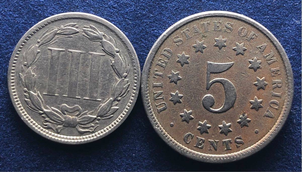  原文:アメリカ硬貨 1872 5セント 5g 特年 1865 3セント 1.9g