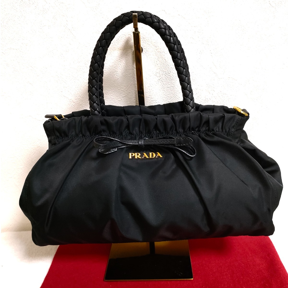 極美品 PRADA 2way リボン 網目ハンドル ブラック ゴールド ギャザー ハンドバッグ ショルダーバッグ プラダ 美品_画像2