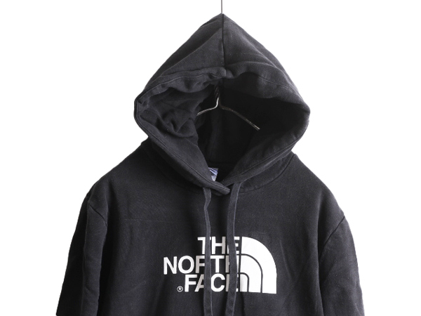 ノースフェイス プリント スウェット フード パーカー レディース XL 古着 The North Face トレーナー プルオーバー 裏起毛 アウトドア 黒_画像2