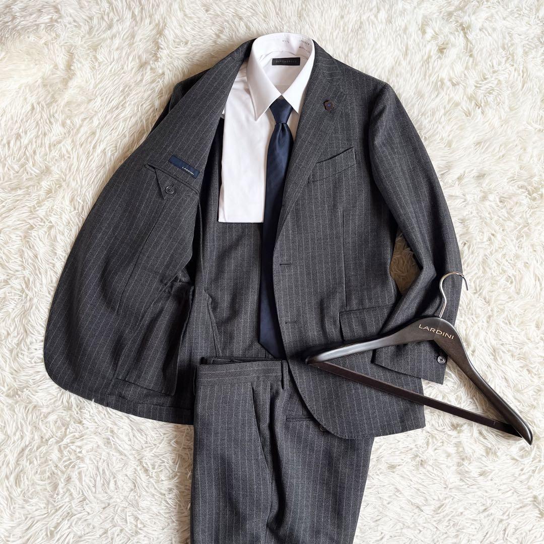 ＜美品＞LARDINI ラルディーニ グレー ウール スーツ セットアップ ブートニエール サイズ46 Mサイズ 結婚式 ビジネス