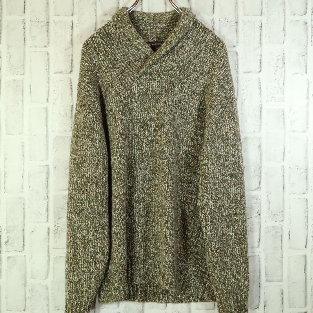 【高級】ショールカラーセーター ニット アルパカ使用 ブラウングリーン 日本製_画像1