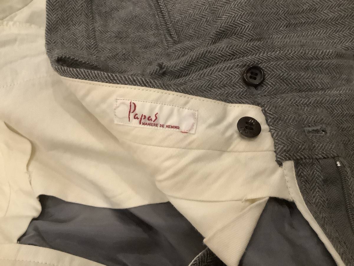 値下げ 日本製 PAPAS パパス M スラックス ヘリンボーン WOOL ウール パンツ 毛100 グレー チャコール_画像8