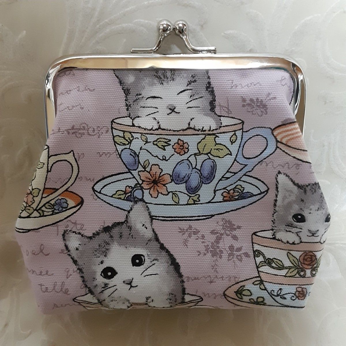 がま口ポーチ 小物入れ猫ちゃん花柄カップピンクハンドメイド