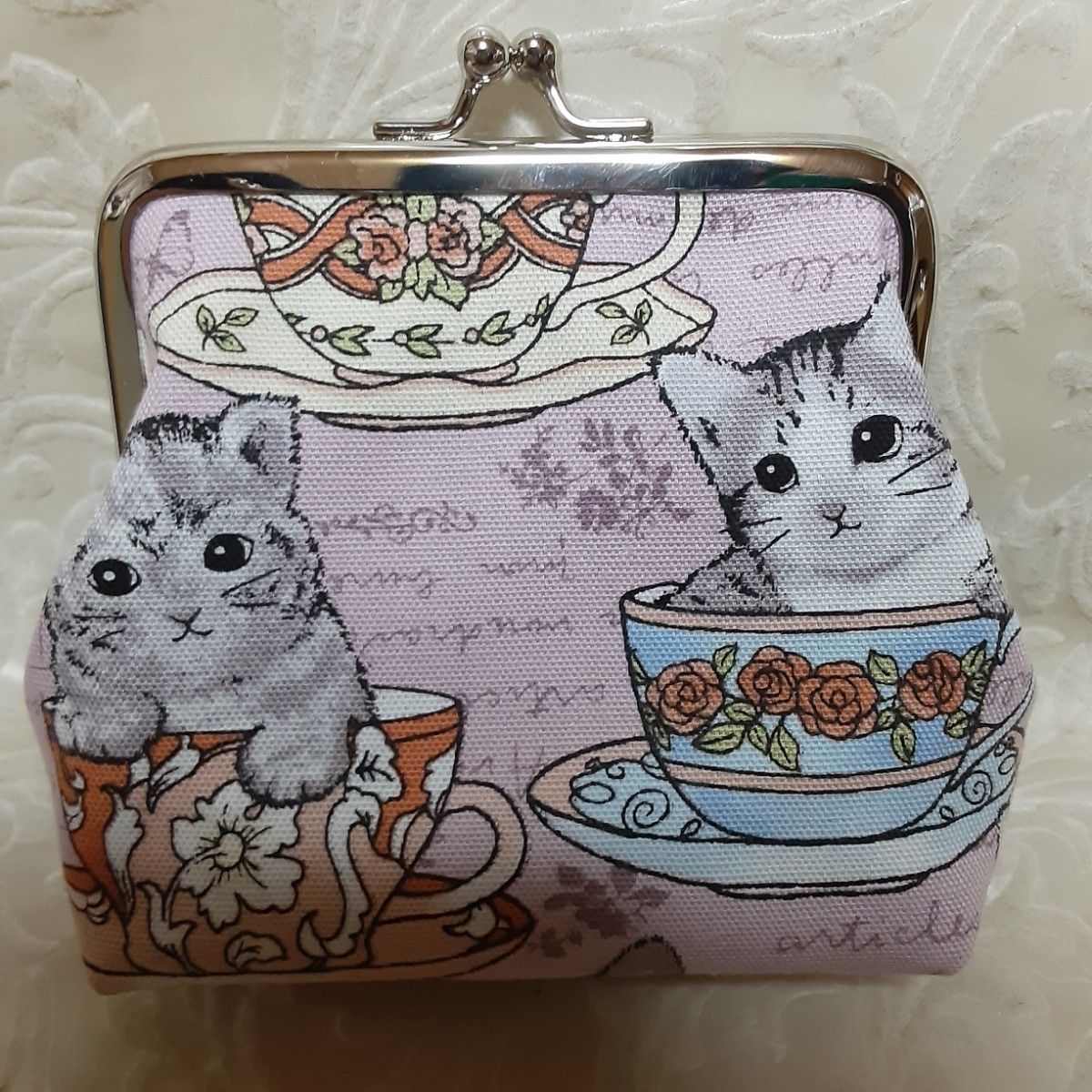 がま口ポーチ 小物入れ猫ちゃん花柄カップピンクハンドメイド