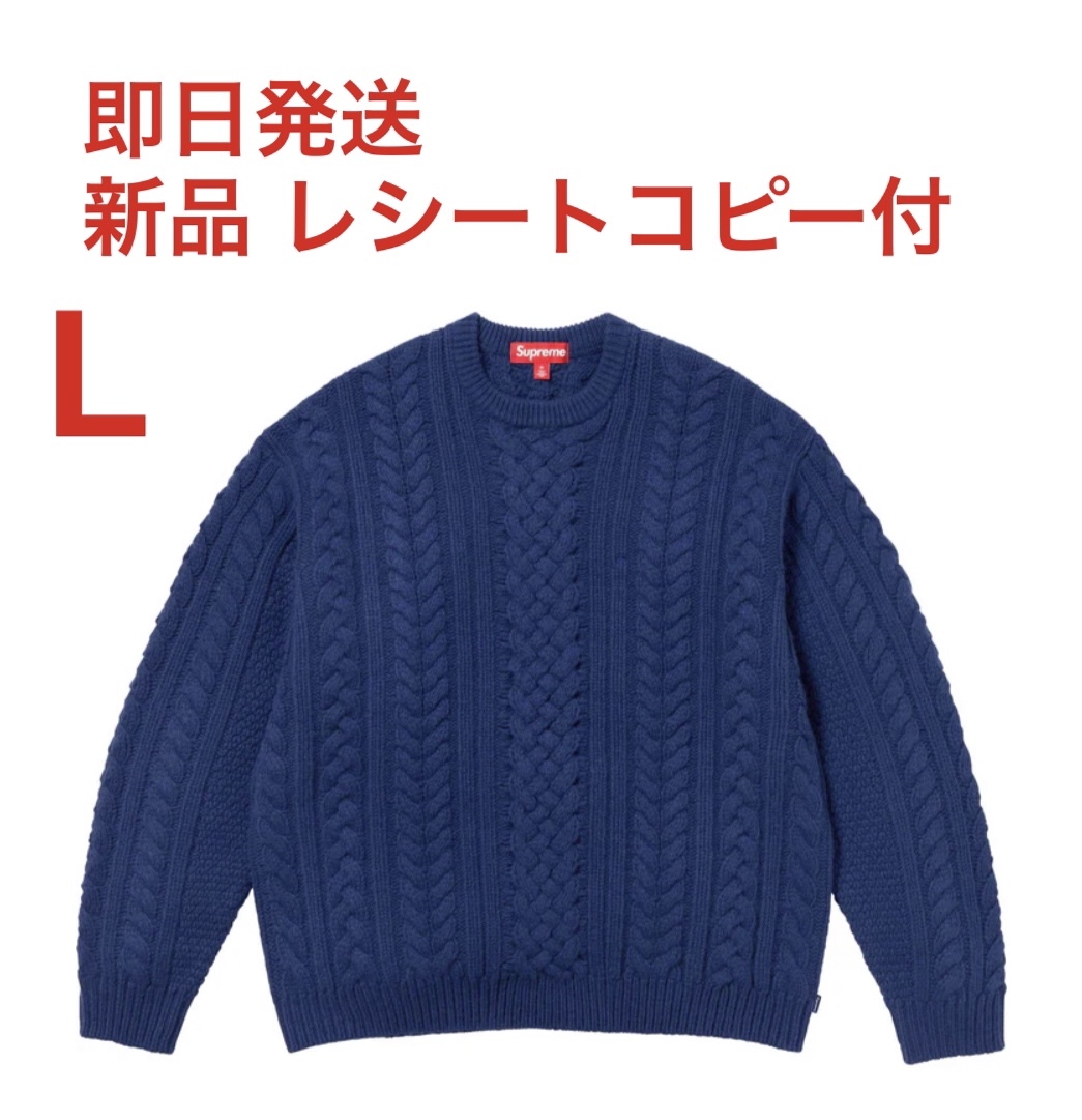 L 新品 国内正規 Supreme Applique Cable Knit Sweater Navy シュプリーム アップリケ ケーブル ニット セーター ネイビー_画像1