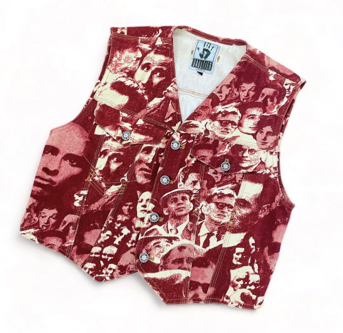 Archive 1993 Jean Paul Gaultier Faces Red Denim Vest 48 ゴルチエ ゴルチェ アーカイブ 顔 人物 vintage ヴィンテージ 柄 ジレ 90s_画像2