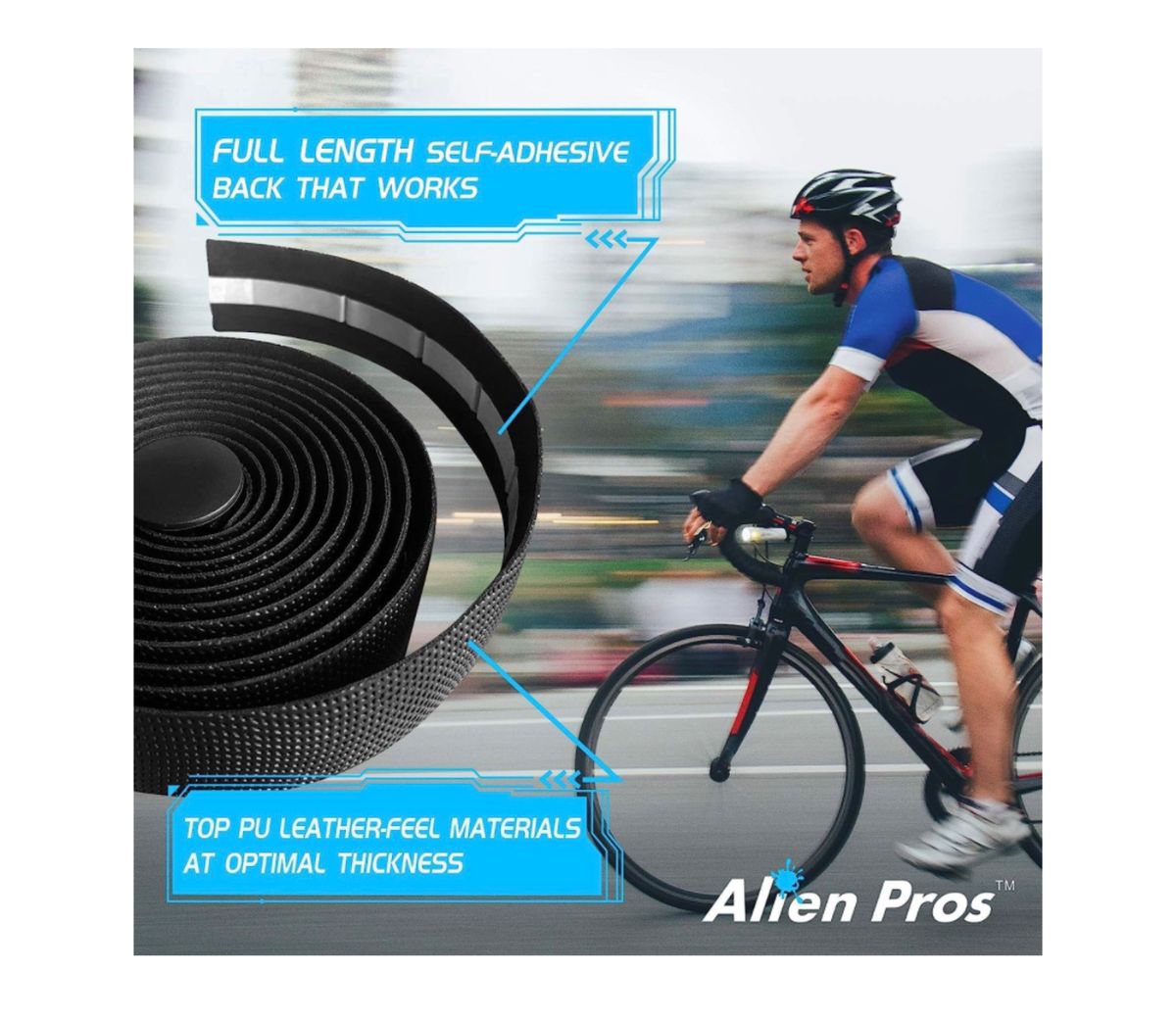 Alien Pros 自転車用PUハンドルバーテープ（4個セット）ブラック-この自転車用ハンドルバーテープでグリップを強化-バイク