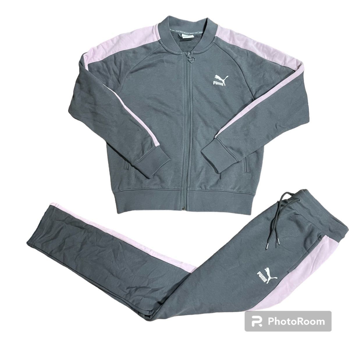 【超希少品】PUMA プーマ　スウェットジャージ　セットアップ　上下　デカロゴ　ジャケット　パンツ　グレー　ピンク　Sサイズ