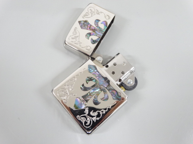 新品 未使用品 2006年製 ZIPPO ジッポ Armor Case アーマー ケース シェル 貝貼り 貝 クロス アラベスク シルバー 銀 オイル ライター USA_画像4