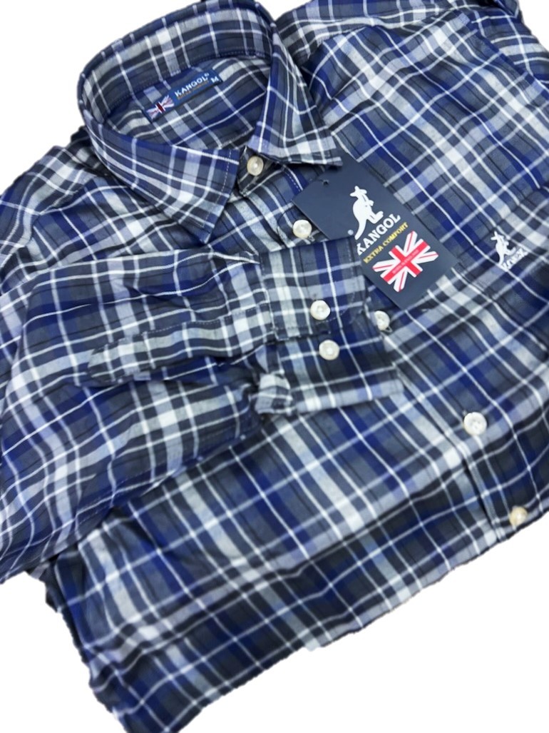 掘り出し物 新品タグ付き KANGOL カンゴール トラッド カジュアルシャツ 濃紺×チャコール チェック Mの画像1
